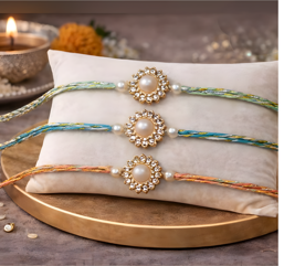 Pearl Designer Rakhi for Brother – Floral Stone Rakhi in Orange, Blue & Green | Raksha Bandhan Special