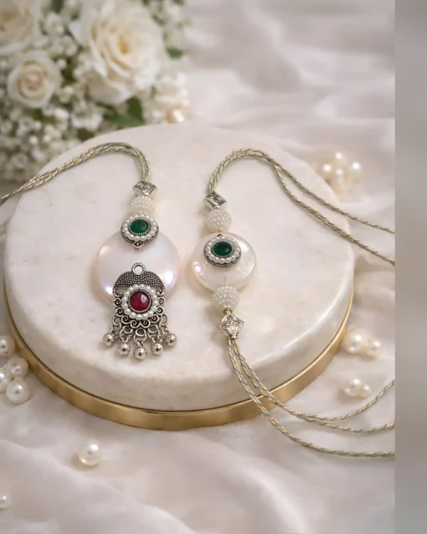 Elegant White Designer Rakhi Lumba Set for Bhai Bhabhi | Pearl & Stone Raksha Bandhan Rakhi