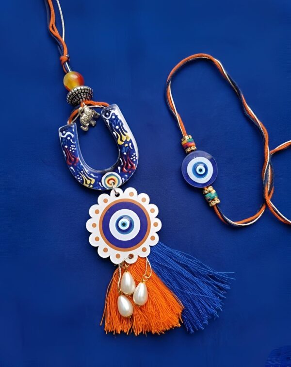 Blue and Orange Evil Eye Rakhi Lumba Set - RL30