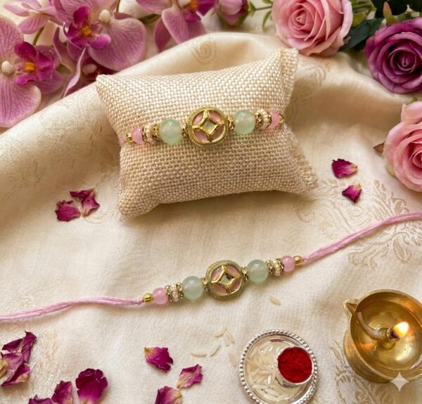 Blush Pink & Mint Kundan Rakhi (Single) - R033