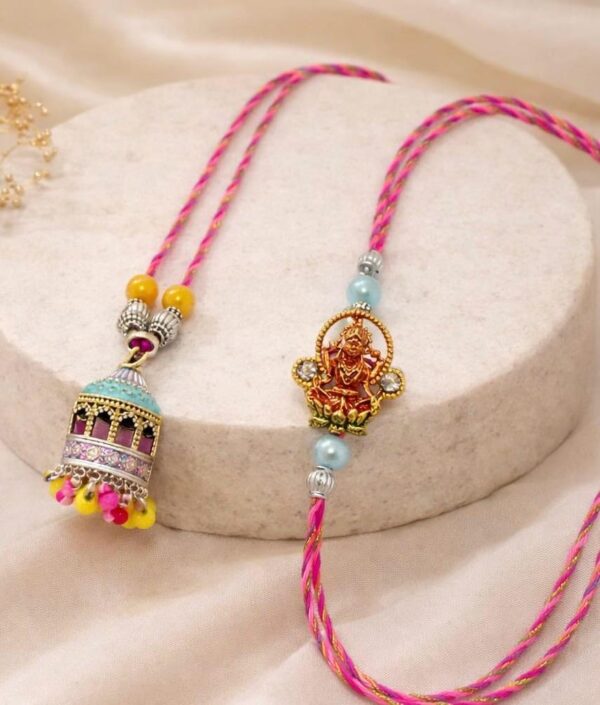 Sacred Gilded Laxmi & Enamel Lumba Rakhi Combo - RL08