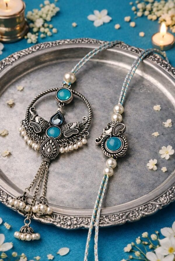 Vintage Jodhpuri Oxidized Turquoise Rakhi Set - RL04